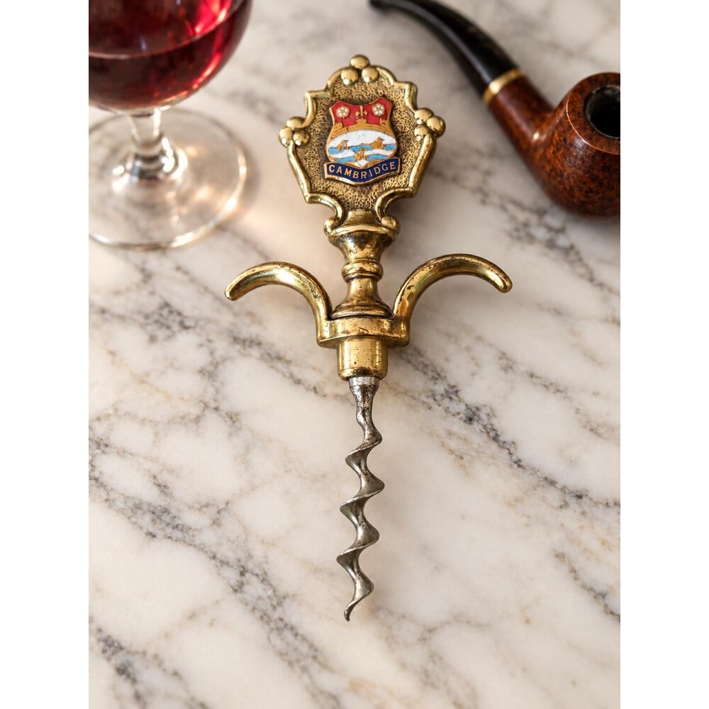 Vintage Cambridge England Corkscrew Brass Tone Enamel Crest Souvenir c.1950s